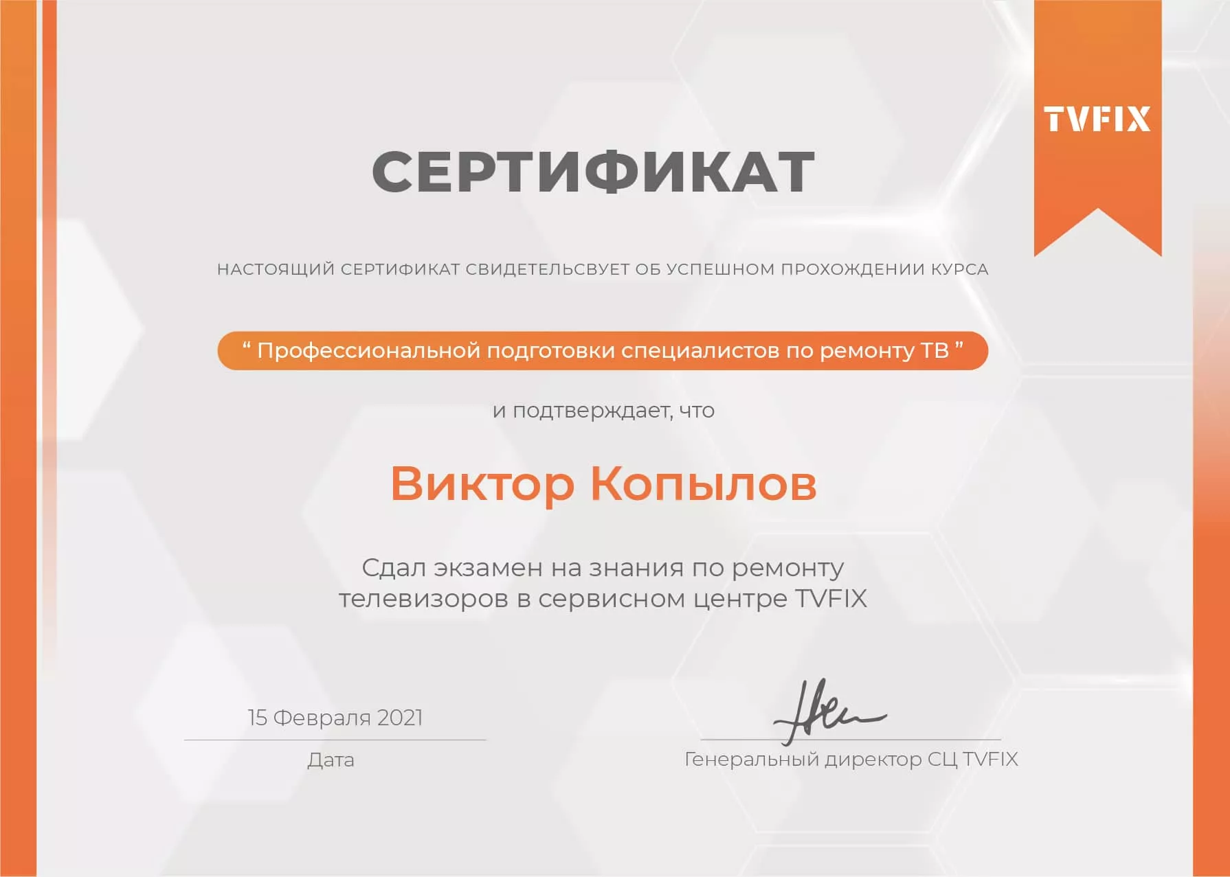Виктор Копылов сертификат телемастера